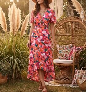Abel the Label Beachy Boho Floral Flutter Sleeve Maxi Dress XS Pink Orange